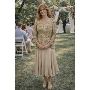 Wedding Vacation Elegant Vintage Pearls Beads Chiffon Taupe Silk 12 Midi Dress